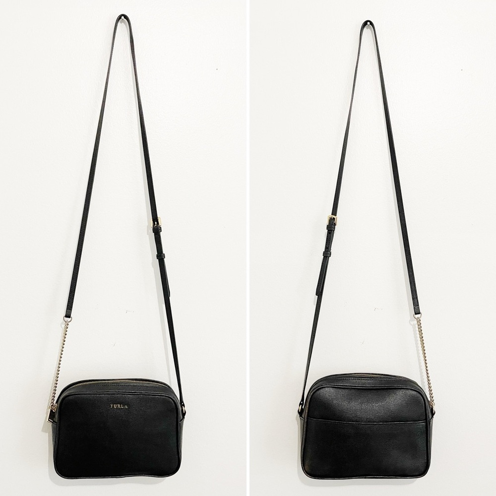 Furla Black Saffiano Leather Camera Crossbody Bag Chain Zipper Top 7x5.5 in - Picture 2 of 15